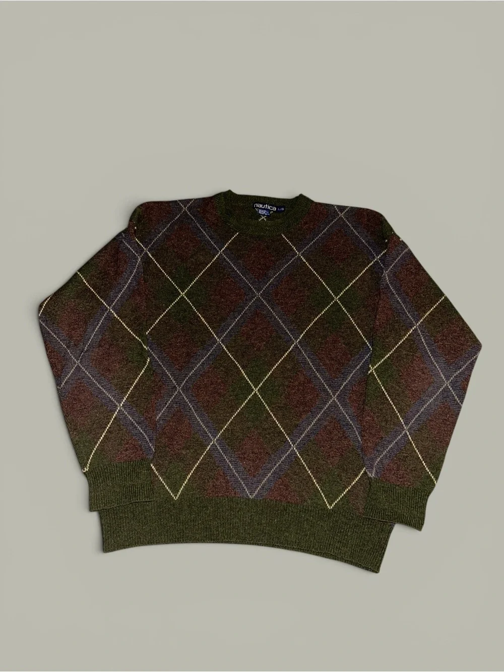Vintage 90s Nautica Green Argyle Long Sleeve Crew Neck Wool Sweater Size Large